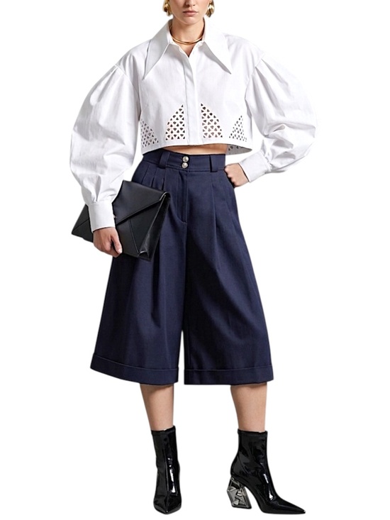 Vtg 80s W German navy wool blend wide leg cropped pleated old money culottes 4 - Picture 3 of 17